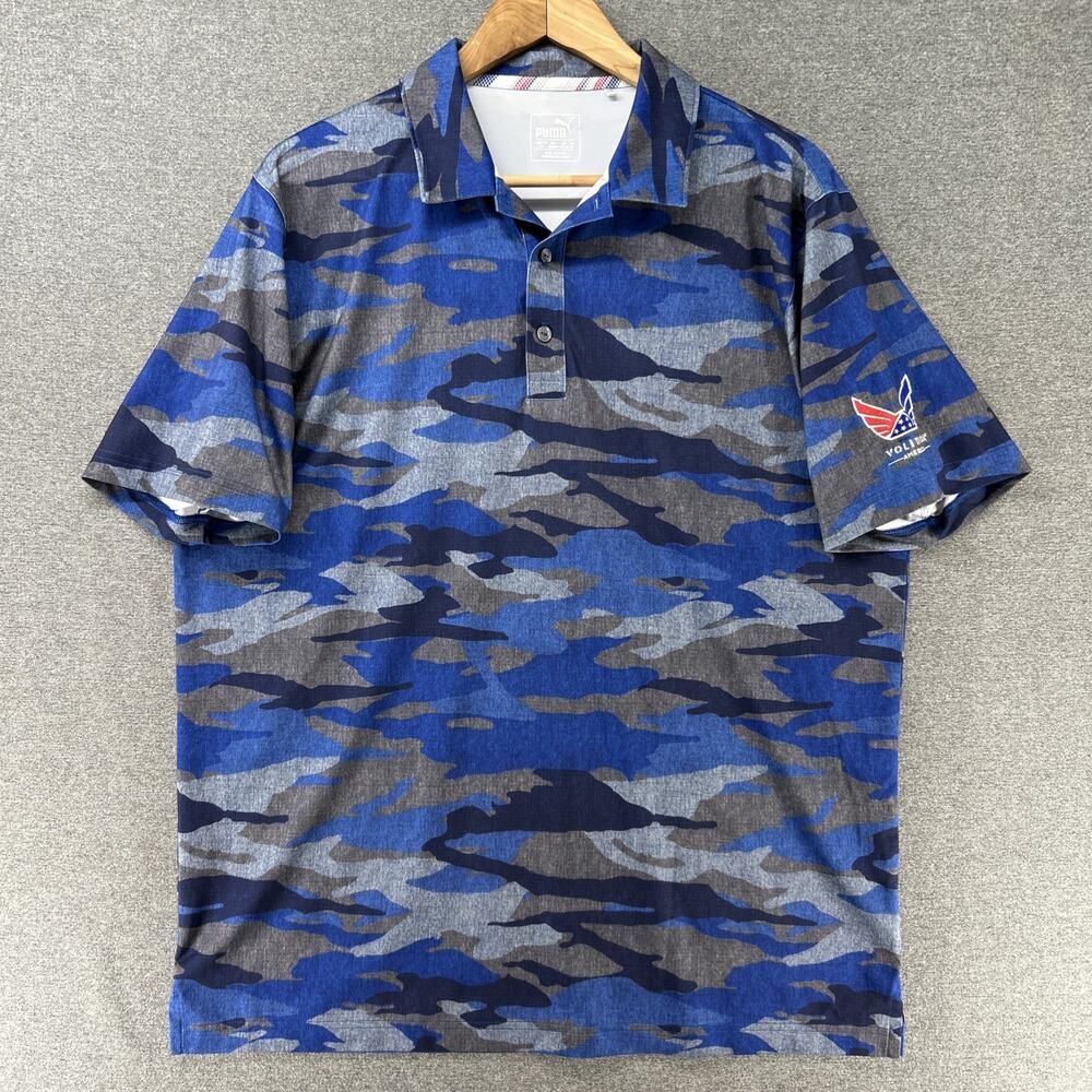 Puma Golf Shirt Mens Large Blue Camo Volition America Performance Short Sleeve